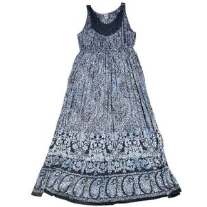 Bila Bohemian Mixed Print Paisley Crochet Sleeveless Navy Blue Maxi Dress Size L